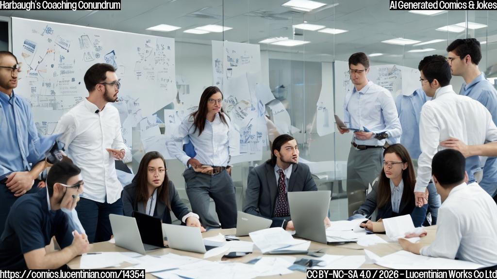 A group of engineers in a meeting room, surrounded by whiteboards and scattered papers, with one engineer looking frustrated while the others seem lost in thought. The background is a blurred image of a football field with a few players in the distance, but they're not the focus of the scene.