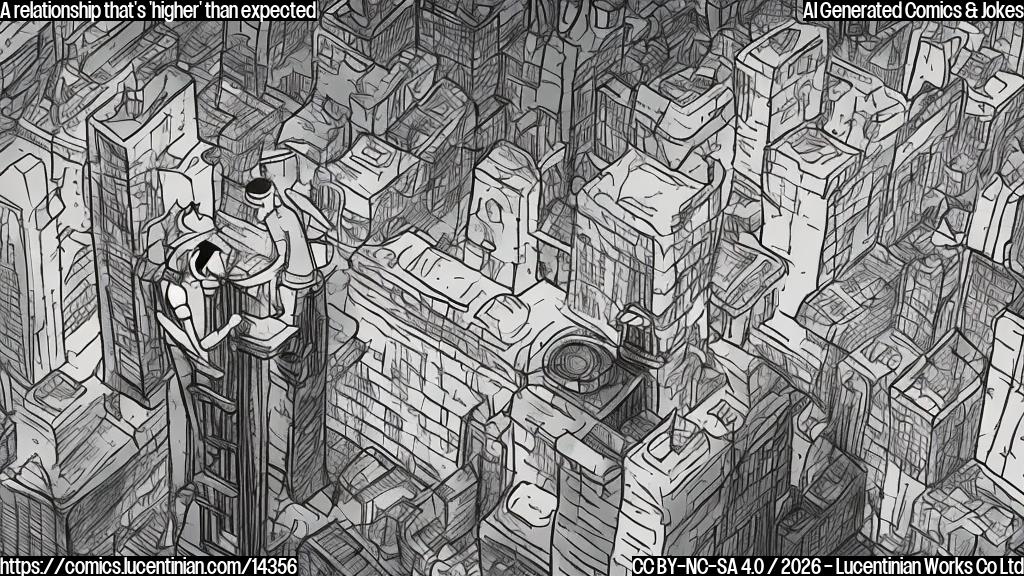 Draw a simple cartoon of a person holding hands with someone, but on top of them is another smaller hand and foot holding onto a ladder, with a cityscape in the background.