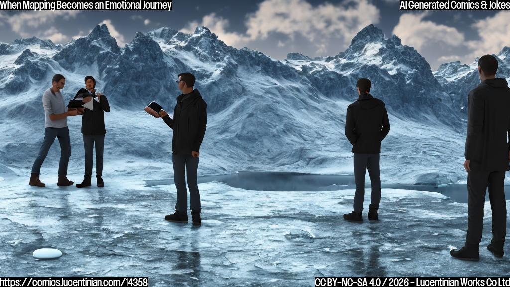 A desolate, icy terrain with snow-capped mountains in the background. In the foreground, a figure (the climate researcher) is seen holding a large map, looking worried and frustrated. Another figure (the senior data designer) stands beside them, looking equally concerned and holding a tablet with a 3D model of Antarctica on it. The atmosphere is tense, with dark clouds looming in the distance.