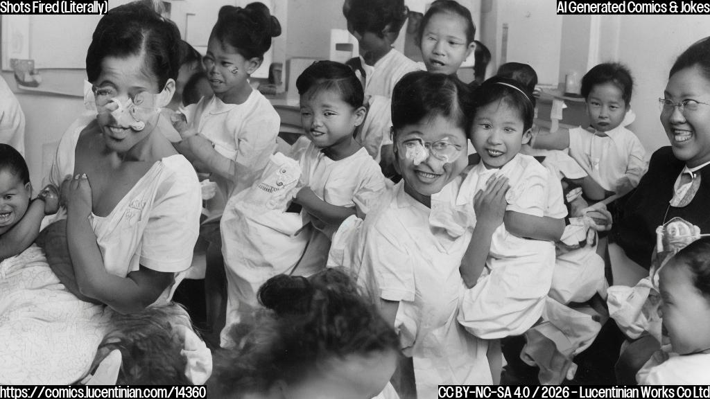 A group of 14,000 infants receiving varying hepatitis B vaccine doses with a mix of excitement and concern on their faces
