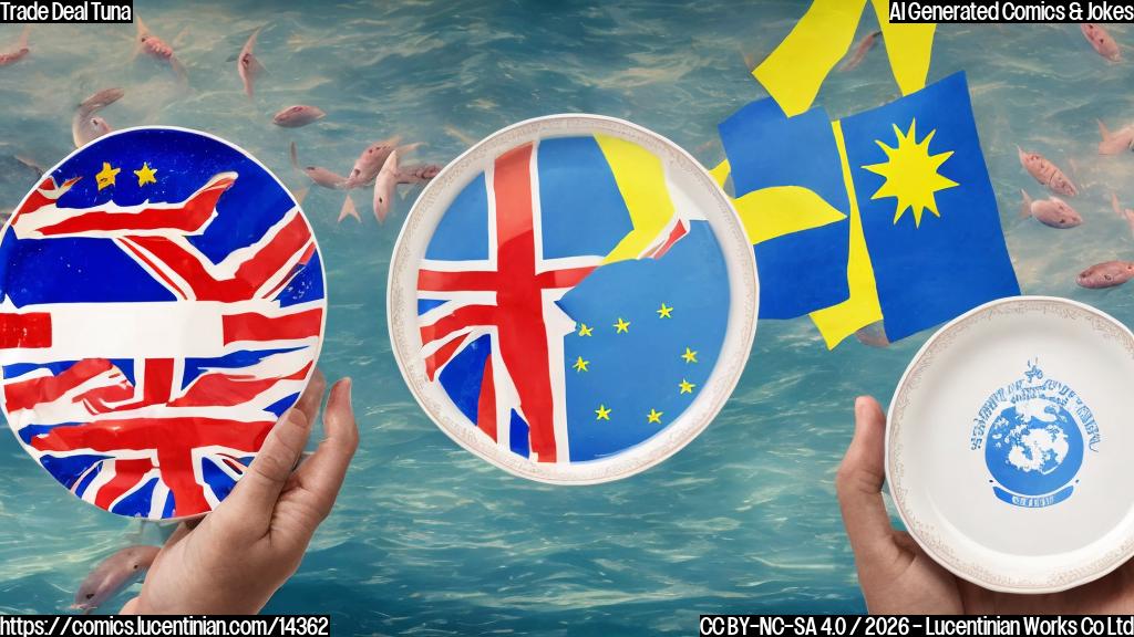 A cartoon of a person holding a plate with two items: one is a tuna sandwich and the other is a piece of paper with the words "Trade Deal" written on it. The background is a blurred image of the European Union flag and the Mercosur flag, with a few fish swimming in the middle, surrounded by trade-related symbols (e.g., flags, money, etc.).