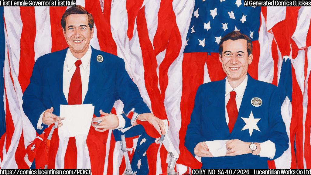 A cartoon style image of a person with a big smile and a ladder, standing in front of a podium with an American flag behind them. The person is dressed in a governor's attire and has a confident expression on their face.