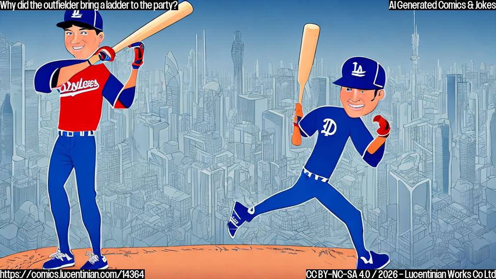 Draw a cartoon style image of a baseball player standing on a ladder, holding a bat and wearing a Dodgers hat, with a cityscape in the background.