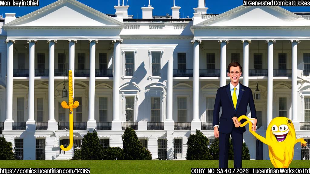 a cartoon style image of a key with a banana attached to it, wearing a suit and tie, standing next to the White House building with a confident expression on its face