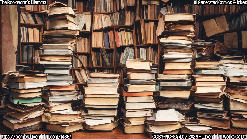 A stack of worn-out paperbacks with torn pages and a single, exhausted bookworm peeking out from between them, surrounded by scattered bookmarks and a faint glow of desk lamp light.