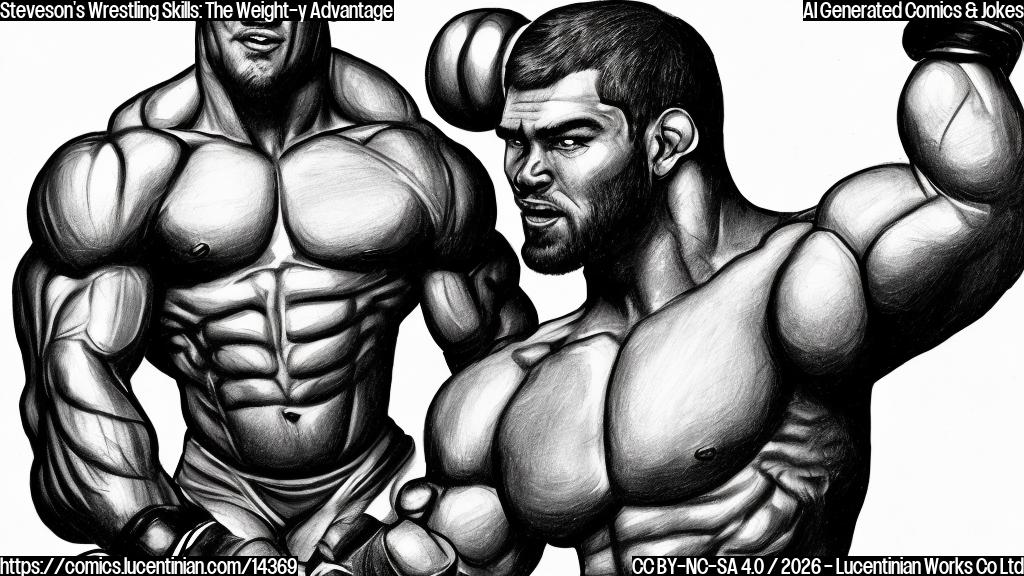 Draw a cartoon of a muscular person with a wrestler's face and a confident expression, holding a weight in one hand while looking directly at the camera. In the background, draw a silhouette of Tom Aspinall, the UFC champion, with a worried expression on his face.
