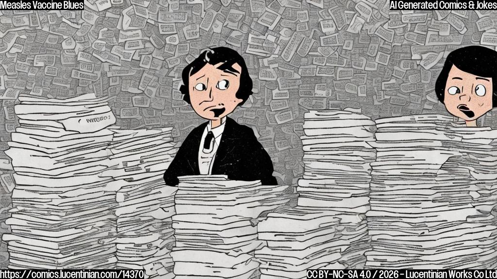 A cartoon of a person holding a stack of vaccine records with a worried expression, surrounded by scattered vaccination cards and a faint shadow of a person in the background with a measles rash. The person's arms are wrapped around the records as if trying to protect them, with a few stray needles and syringes poking out from between their fingers.