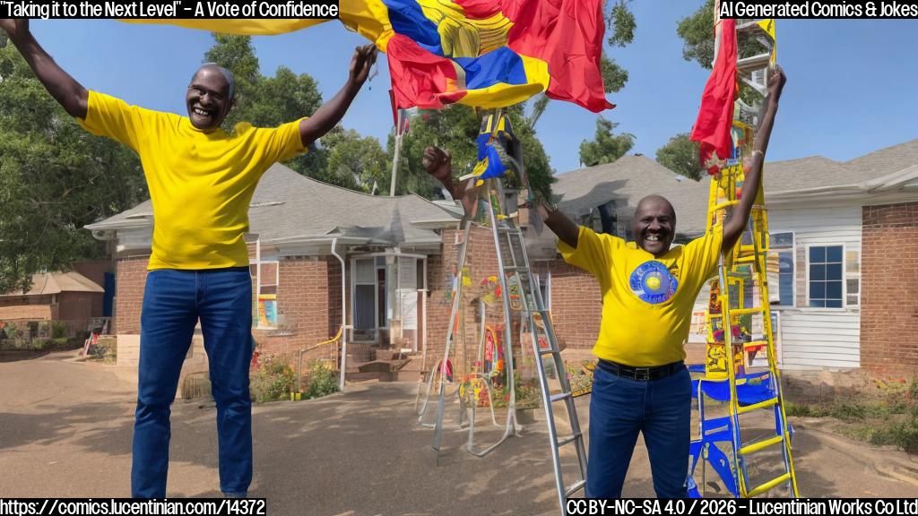 A smiling, middle-aged, African man with a presidential sash and a confident grin stands on top of a large, yellow, three-step ladder. His arms are raised in triumph, with a red "7" flag waving in the background. The ladder is placed beside a large, blue-colored ballot box with a white, painted smiley face on it.