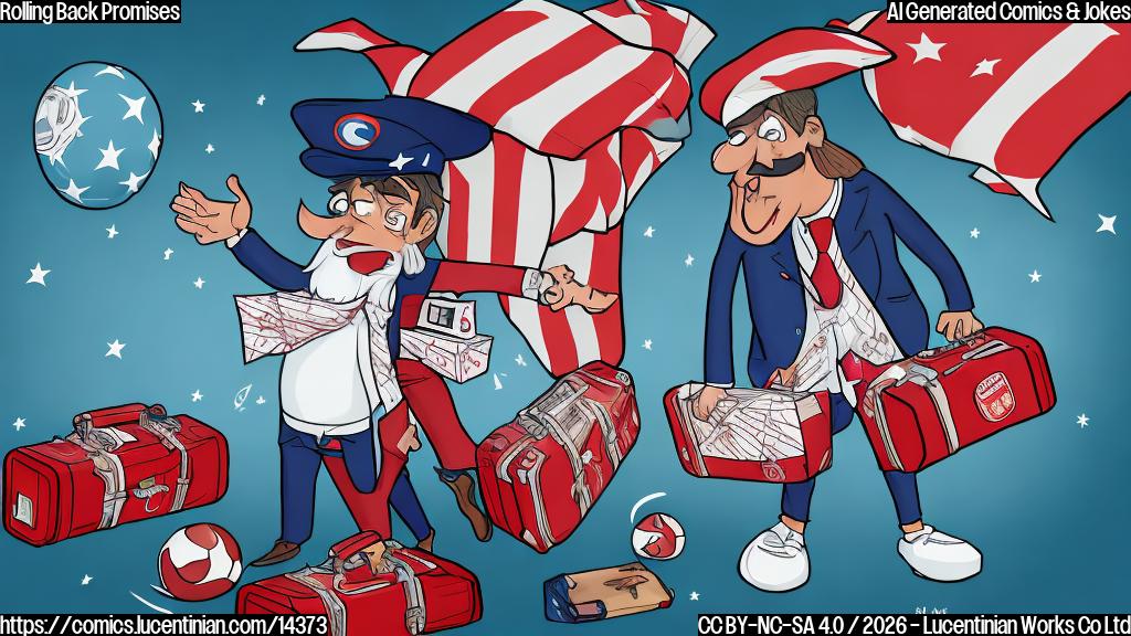 Illustrate a cartoon of a person holding a suitcase labeled "Promises" with a red X through it, next to a smaller suitcase labeled "Actual Progress". The first suitcase has a Qatar flag on its side, and the second suitcase has an American eagle symbol on its side. The background should have some blurred images of various buildings, including a White House with a ball being thrown at it.