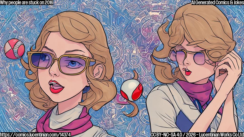 Draw a plain color cartoon style picture of a person holding a PokÃ© Ball and wearing a nostalgic outfit with elements from 2016, such as a Taylor Swift-inspired scarf and sunglasses with a "2016" logo. The person should have a surprised or confused expression on their face.