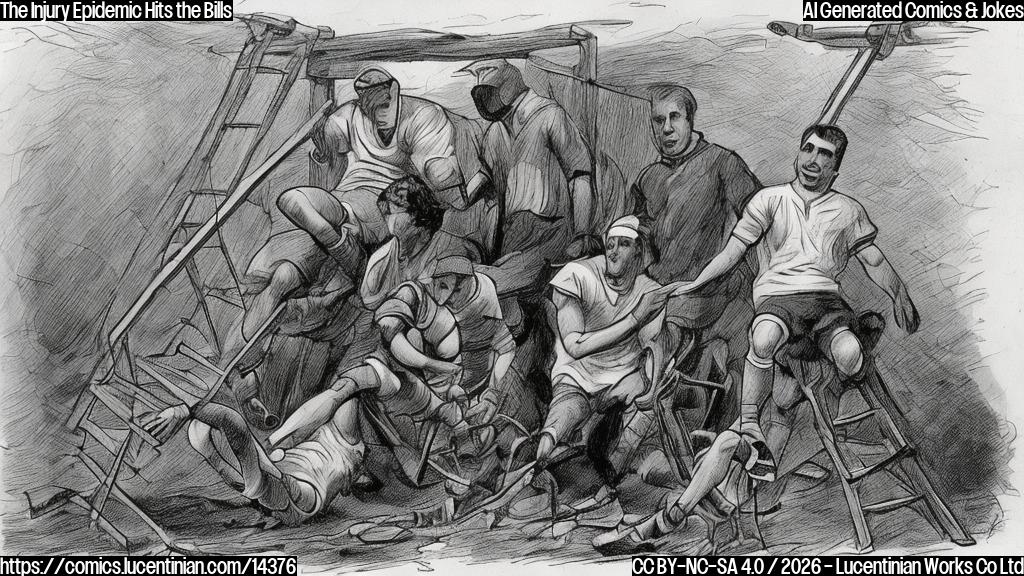 A cartoon style image of a football player sitting on a ladder, looking dejected, with two other players off the field holding injured limbs and crutches. The background should be a blurred stadium with a football field.