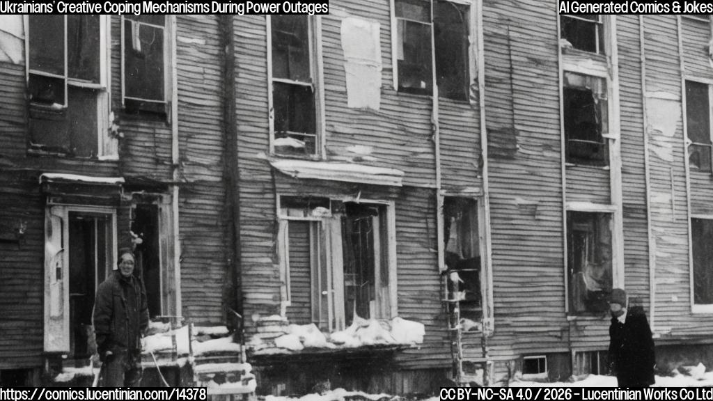 A person, wearing warm clothing and carrying a ladder, stands in front of a darkened apartment building. The building's windows are boarded up, and there is a makeshift generator nearby. The person is smiling, holding the ladder with both hands.