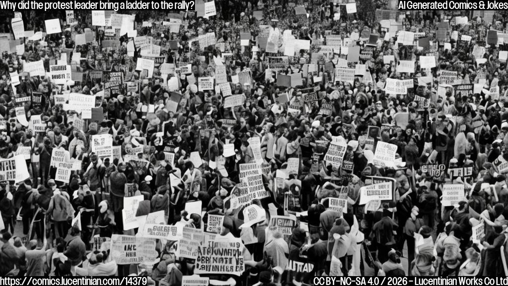 A crowd of protesters holding signs and chanting slogans, with one person standing on a folding chair or step stool, looking up at the sky or surveying the area, surrounded by other protesters in peaceful attire.