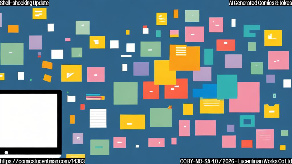 A simple, colorful illustration of a desktop computer with a large, prominent toolbar at the top, containing various icons and options. A developer, wearing glasses and sitting in front of the computer, looks frustrated and overwhelmed by the cluttered toolbar. The developer is surrounded by scattered notes and papers, indicating that they are struggling to organize their thoughts.
