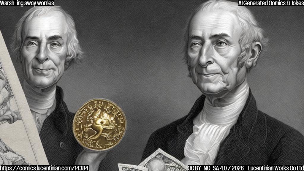 Draw an anthropomorphic person (a smiling, walking figure with a worried expression) holding a chart with silver and gold prices. The person should have a shocked and surprised facial expression, with arms stretched out to the sides. In the background, there should be a subtle image of a Federal Reserve building or a representation of the Fed chair's office.