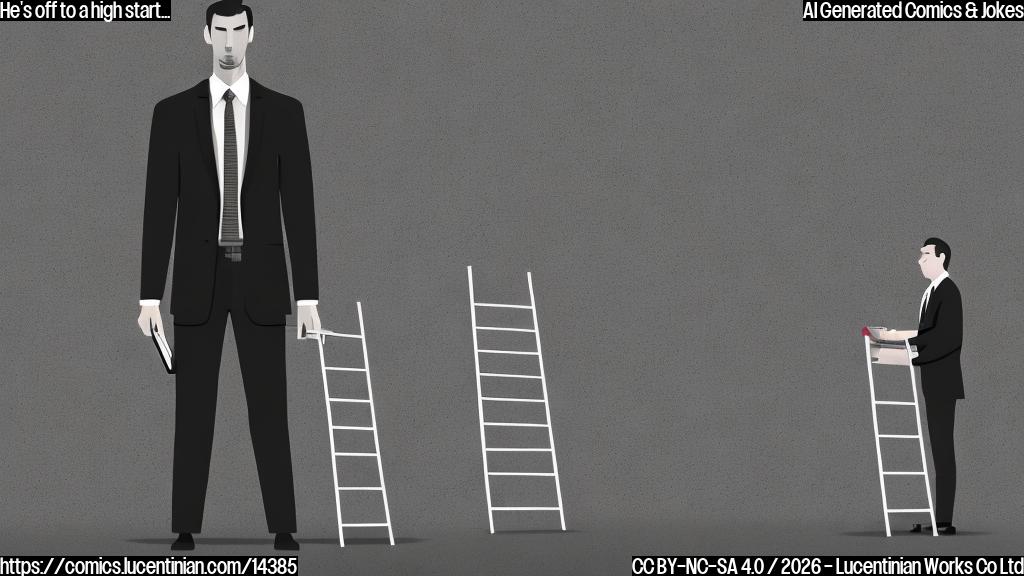 Draw an illustration of a tall man with a briefcase and a ladder leaning against the wall behind him. He should be wearing a suit and tie, with a serious expression on his face. The background should be a corporate office setting, with computers and chairs visible in the distance.