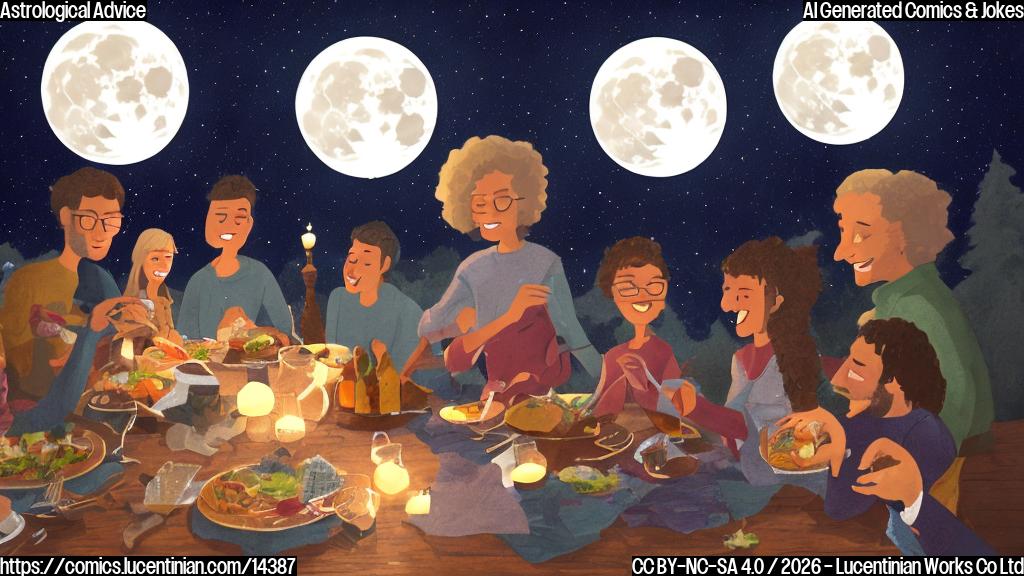 a group of friends gathered around a cozy dinner table with a full moon shining through the window in the background