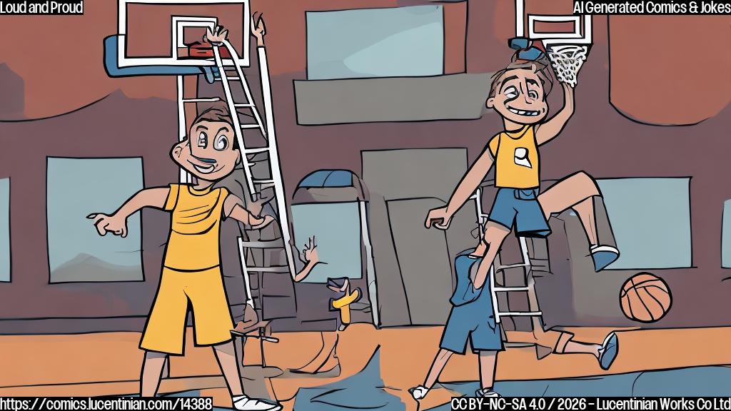 Illustrate a plain color cartoon style picture of a teenager holding a ladder while standing on a basketball court, with a big smile on their face and a basketball in the air.