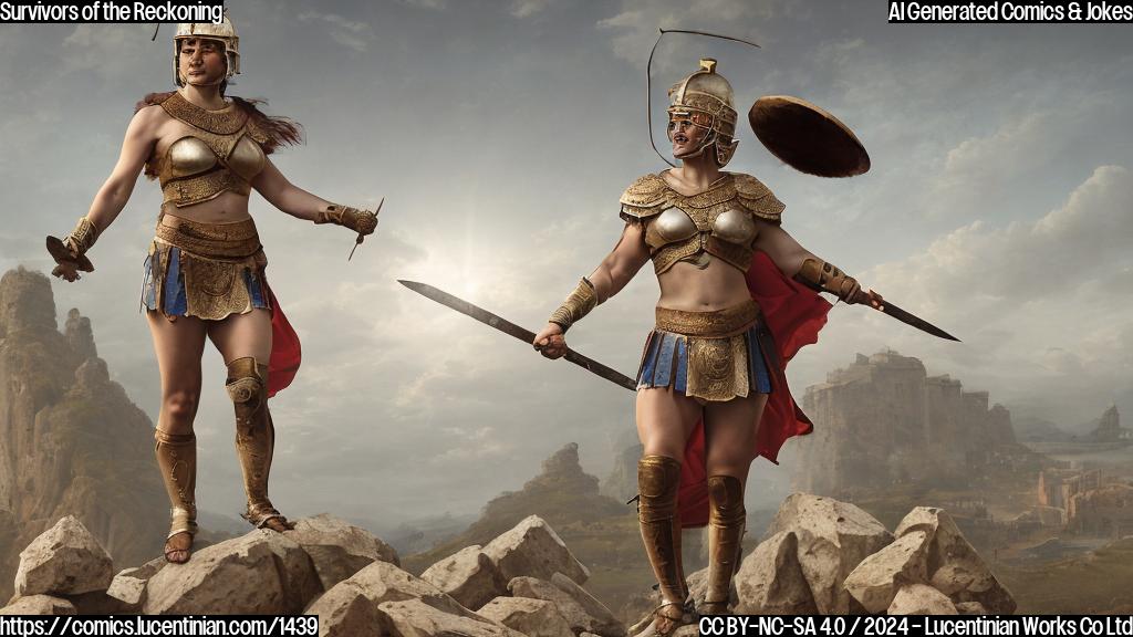 A female gladiator from ancient Rome, dressed in a traditional toga and helmet, stands triumphantly on a rocky outcropping with a sword at her side. The background is a desolate, battle-scarred landscape with the sun setting over the horizon. The color palette is muted, with shades of gray, beige, and blue dominating the scene.