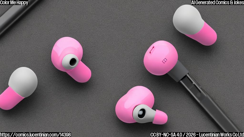 Describe two earbuds with a lighter gray tone and vivid pink or red finish, side by side, in a cartoon style. Both earbuds should have a similar shape and design, but with different colors.