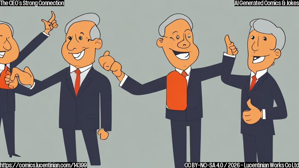 Plain color cartoon style. A confident, broadly smiling person, depicted as a senior business executive in a sharp, generic suit, stands front and center with arms slightly outstretched in a gesture of success. Behind this central figure, two simplified, happy cartoon people, representing staff, are clapping and giving thumbs up. A large, upward-pointing arrow or a simple line graph showing a sharp increase is prominently displayed to one side. The background is a solid, vibrant plain color. The overall mood is triumphant and positive, emphasizing growth and success without any text or brand names.