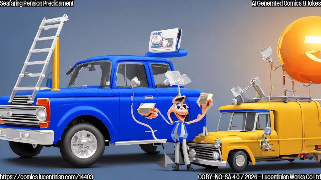 A cartoon style image of a smiling Ford vehicle (with a bright, shiny finish) standing on top of a ladder, with a wallet and a briefcase at the base. The ladder should have a small "401(k)" or pension plan sign attached to it.