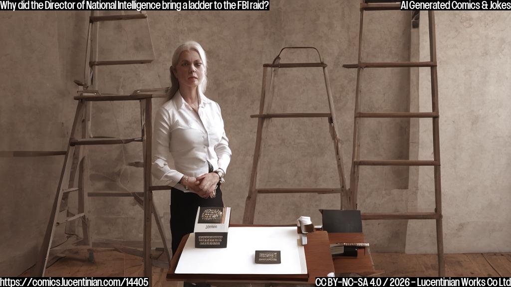 A stern-looking woman with a badge and a briefcase, standing in front of a large wooden ladder. The ladder is placed on top of a small table, with a folder and a pen lying on it.