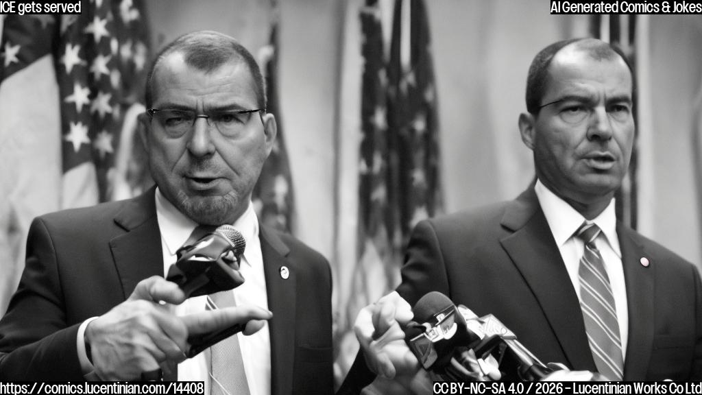 A stern-looking politician giving a speech to a camera, with a red "X" marked through an immigration enforcement logo in the background. The politician is wearing a winter coat and holding a microphone, with a serious expression on their face.