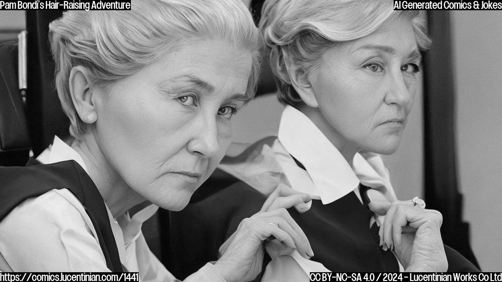 A stern-looking, silver-haired woman with a determined expression is sitting in a therapist's chair. Her hair is styled in a neat bob with a few strands framing her face. She is wearing a suit and tie, symbolizing her new role as a lawyer.