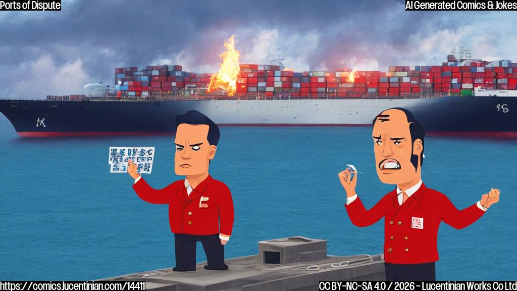 Describe a cartoon image of a stern-looking Hong Kong businessman standing in front of a flame with a worried expression, while a giant Panama Canal ship sails by in the background. The ship should be wearing a red "No" hat and waving a sign that says "Refused".