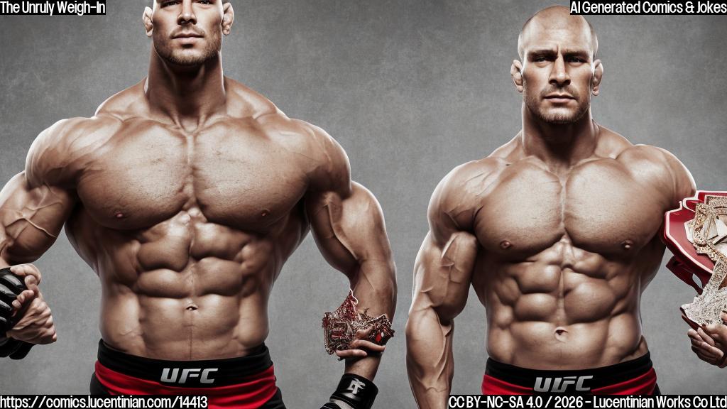 A muscular figure with a stern expression, wearing a red and black uniform with a UFC championship belt around his waist, stands at a scale with a puzzled look on his face. His arms are crossed, and one hand is holding a large cake that has fallen over, spilling frosting everywhere. In the background, there's a blurred image of two fighters standing in front of a whiteboard with weights and measurements scribbled on it.