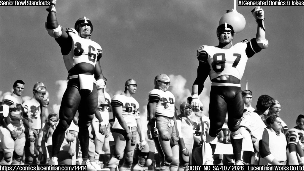 A large, muscular figure with a helmet and shoulder pads standing on a raised platform, wearing a blue jersey with a white number on it, looking up at a small step stool with a determined expression.