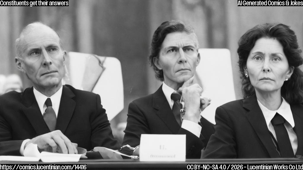 A man and a woman, both middle-aged with stern expressions, seated in front of a long wooden table in a formal congressional hearing room. The man is wearing a suit and tie, while the woman has her hair pulled back and is dressed in a professional business outfit. Both are looking directly at the camera lens as if being recorded by an invisible observer.