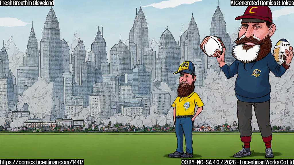 A cartoon of a middle-aged man with a messy beard and a football coach's hat, holding a can of breath mints and standing in front of an American football field. The background should be a Cleveland landscape with the city skyline visible in the distance.