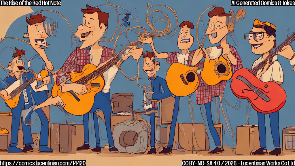 Illustrate a cartoon-style image of a group of musicians, including a bassist with a giant guitar string wrapped around his neck, and a drummer with a repair shop in the background. The drummer should be holding a wrench and wearing a tool belt.