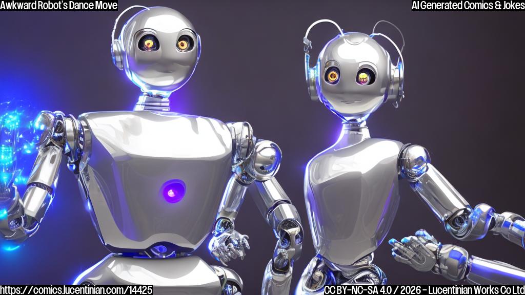 A humanoid robot with a shiny metallic body, standing upright with its arms outstretched and its head tilted slightly to one side. The robot has bright blue LED lights flashing on its arms, chest, and back. Its eyes are glowing with a soft purple light. In the background, a dimly lit dance floor with spotlights shining down on the robot.