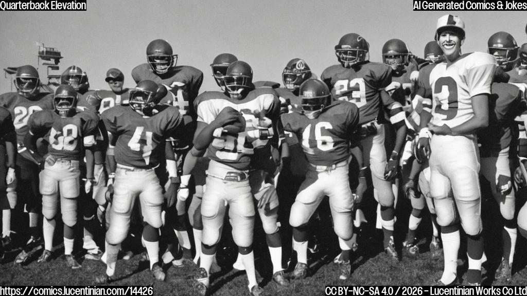 a smiling quarterback standing on top of a ladder with a football field in the background, surrounded by teammates and coaches looking up at him with enthusiasm and encouragement.