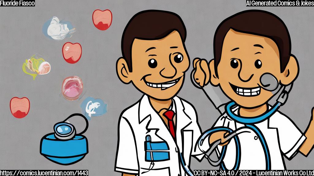 A cartoon of a smiling, middle-aged man with a stethoscope around his neck, holding a toothbrush in one hand and a speech bubble in the other. The speech bubble should have a concerned expression on it, while the background should be a whiteboard filled with dental charts and medical equipment.