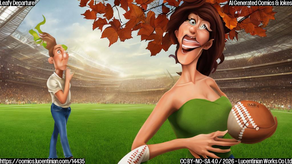 Describe a cartoon-style picture of a person with leaves for hair, holding a football with a shocked expression. The background is a blurred landscape of a sports stadium with a large "X" marked through it.