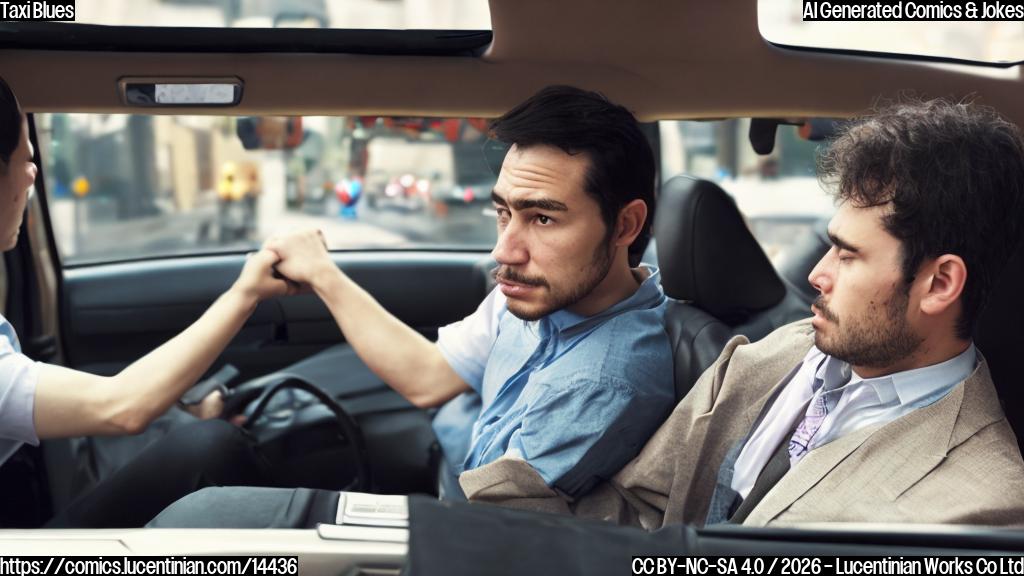 A person sitting in a taxi, looking frustrated and tired, surrounded by crowded roads and skyscrapers. The taxi's meter is steadily increasing while the driver smirks in the rearview mirror.