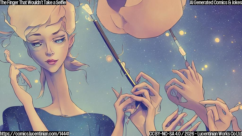 Draw a cartoon-style image of a slender, long-fingered hand holding a selfie stick with a confused expression, surrounded by faint editing tools and a magazine cover with a six-fingered model. The background should be a blurred cityscape with a subtle gradient effect.