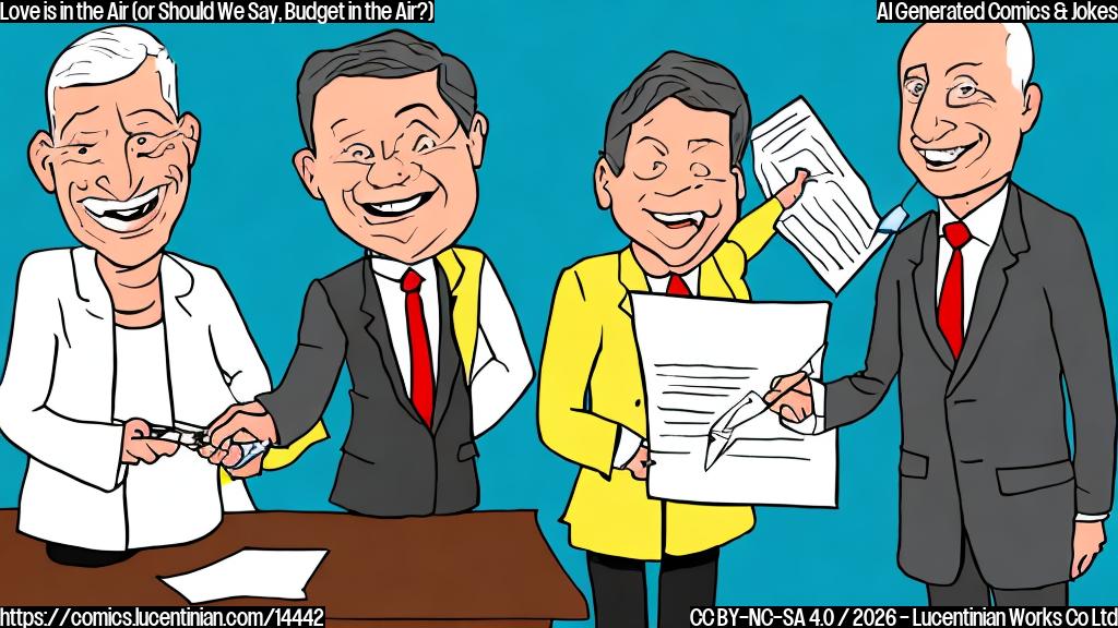 Draw a cartoon of two politicians from different parties (one is smiling and the other is looking stern) shaking hands while holding a chart with a balanced budget. Both have pens and pencils in their hands, indicating they are working together to find common ground.