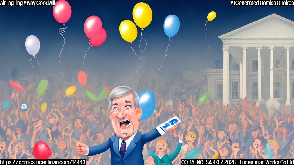 Draw a plain color cartoon style picture of a person, likely the CEO of Apple, holding an AirTag with a party hat and balloons in the background, representing a White House event. The person should have a worried expression on their face.