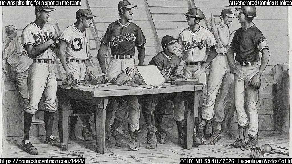 a cartoon of a person with a clipboard, standing next to a ladder leaning against a table where three baseball players are sitting. The baseball players have hopeful expressions on their faces and are holding onto the ladder for support.
