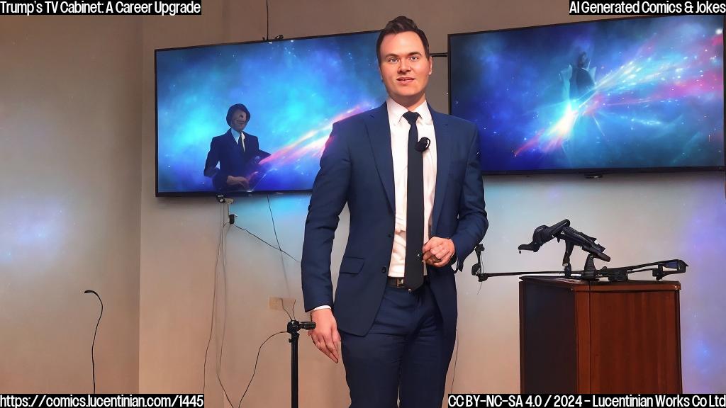 A person holding a microphone stands in front of a podium, with a large TV screen behind them. The person is dressed in a suit and has a confident expression on their face. The background is a subtle gradient of blue and red hues, suggesting a mix of professionalism and politics.