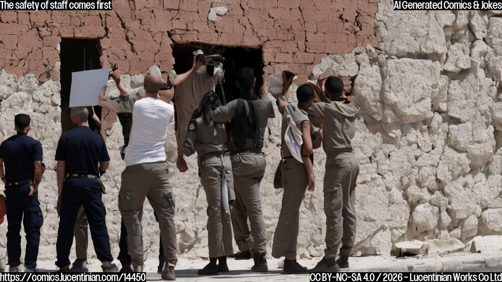 A group of stern-looking individuals wearing a neutral-colored jumpsuit with a few scratches and bruises on their faces are seen standing in front of a large, red-bricked wall with Israeli security forces patrolling the area. One individual holds up a sign that reads "Private" while another looks through binoculars at the surroundings.