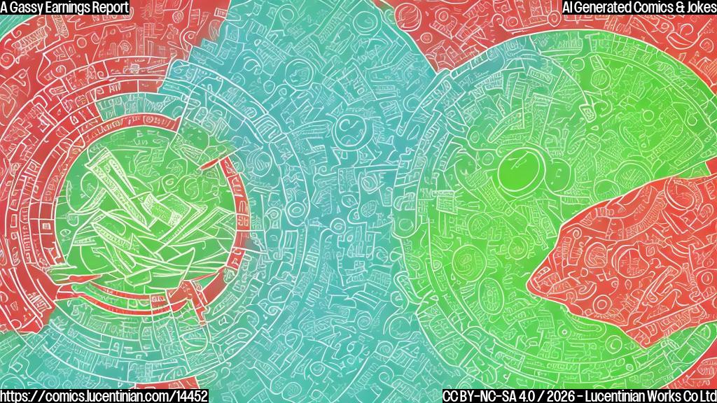 a large, stylized graph with a rising line and a smaller declining line at the bottom, surrounded by green and red financial graphics and icons representing money and profits.