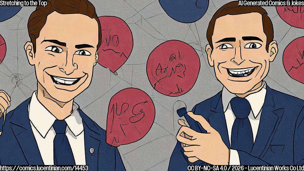 a cartoon of a person (a man with a suit and tie) standing in front of a graph showing increasing numbers, with a big smile on his face and flexing his arm muscles