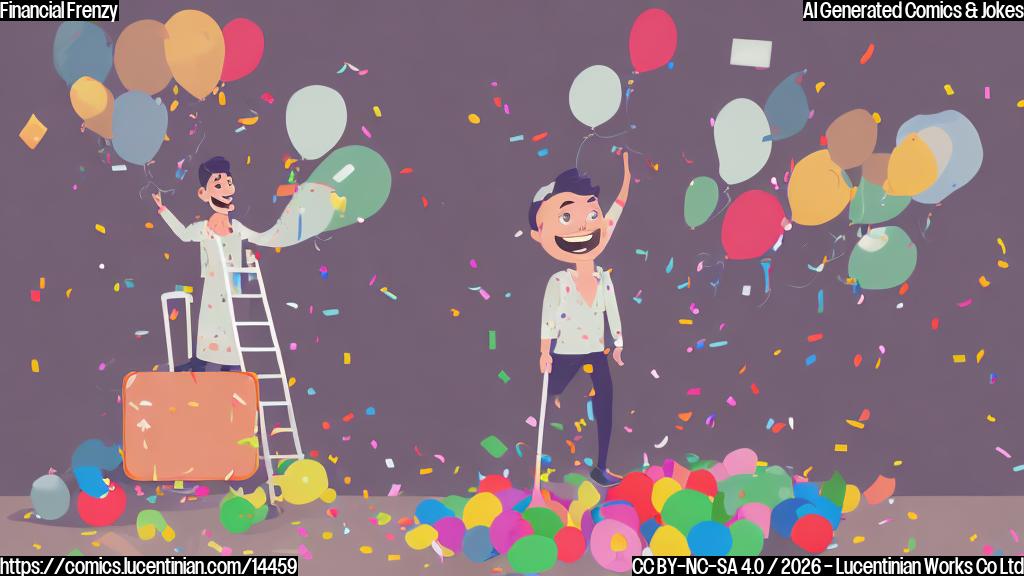 A person with a large smile and a suitcase standing on top of a ladder, surrounded by balloons and confetti, in a cartoon style with muted colors. The suitcase should be labeled "Next Level" with a subtle hint of luxury items peeking out from it.