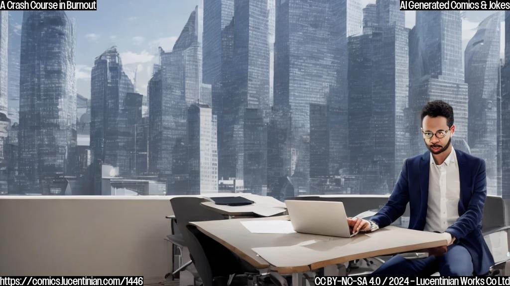 A person sitting at a desk with a stressed expression, surrounded by skyscrapers and luxury cars, with a faint image of a ladder in the background.